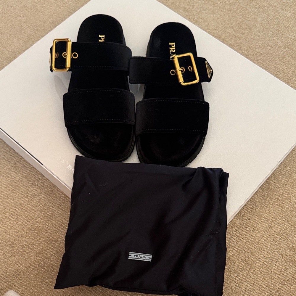 Prada Black Sandals with Gold Buckle